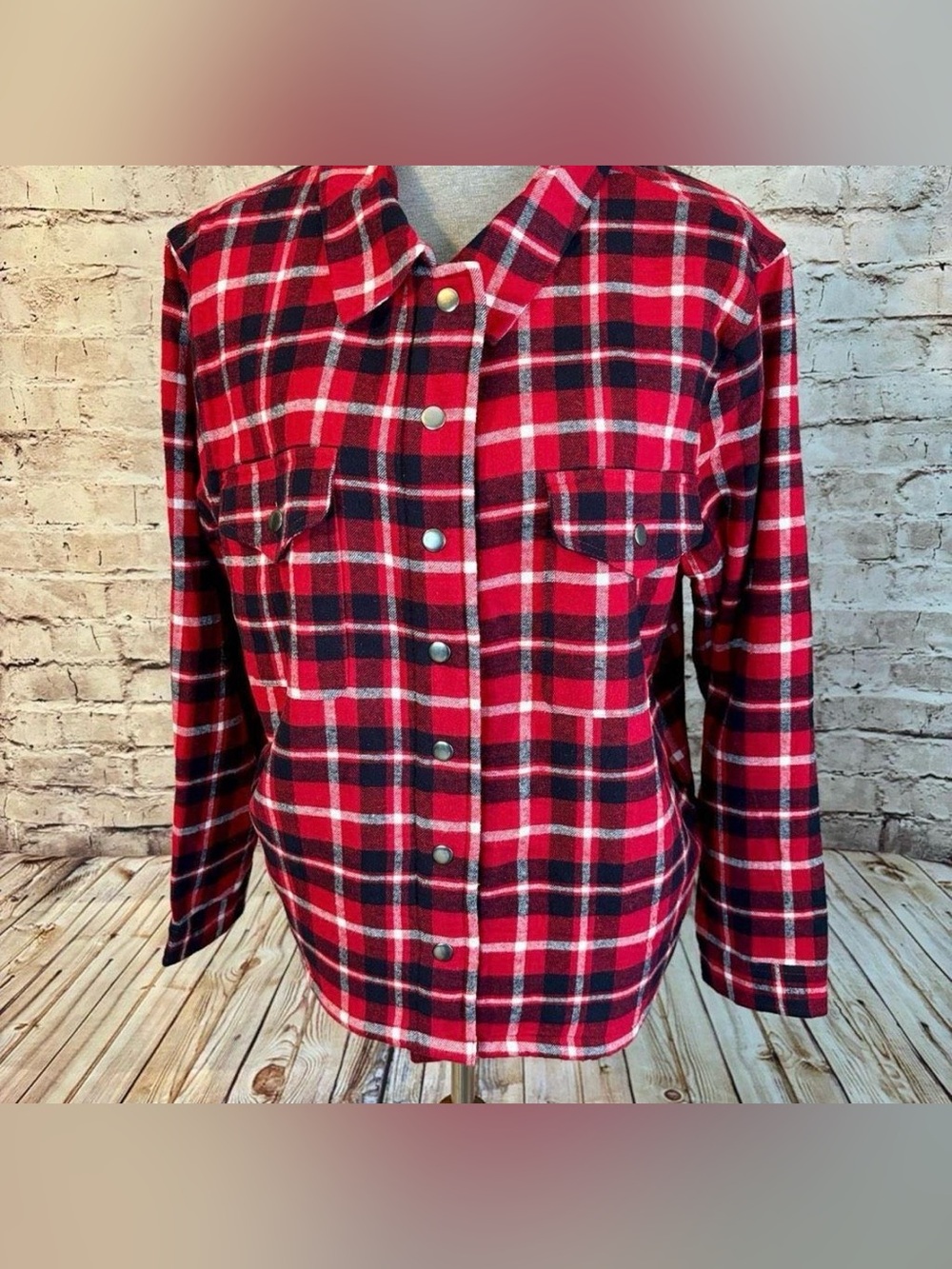 Lucky Brand Women’s XL Red Black Plaid Flannel Shirt Jacket Fleece Lined Shacket